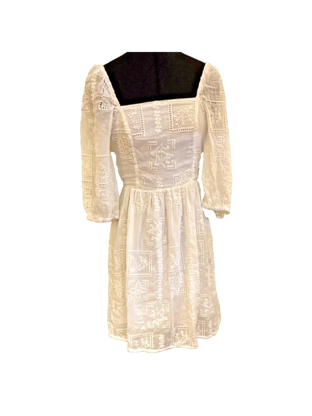 Johnny Was Love Ella Mini Dress XS Ivory Embroidered Cotton Silk Puff Sleeve